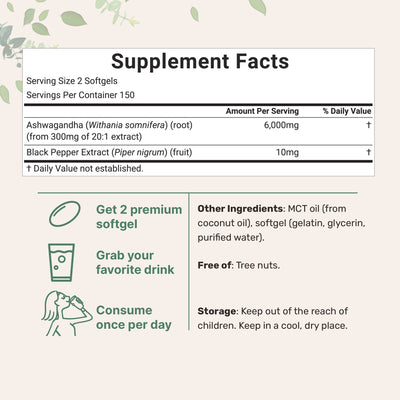 Micro Ingredients Ashwagandha Supplements 6,000mg Per Serving | 300 Coconut MCT Oil Softgels