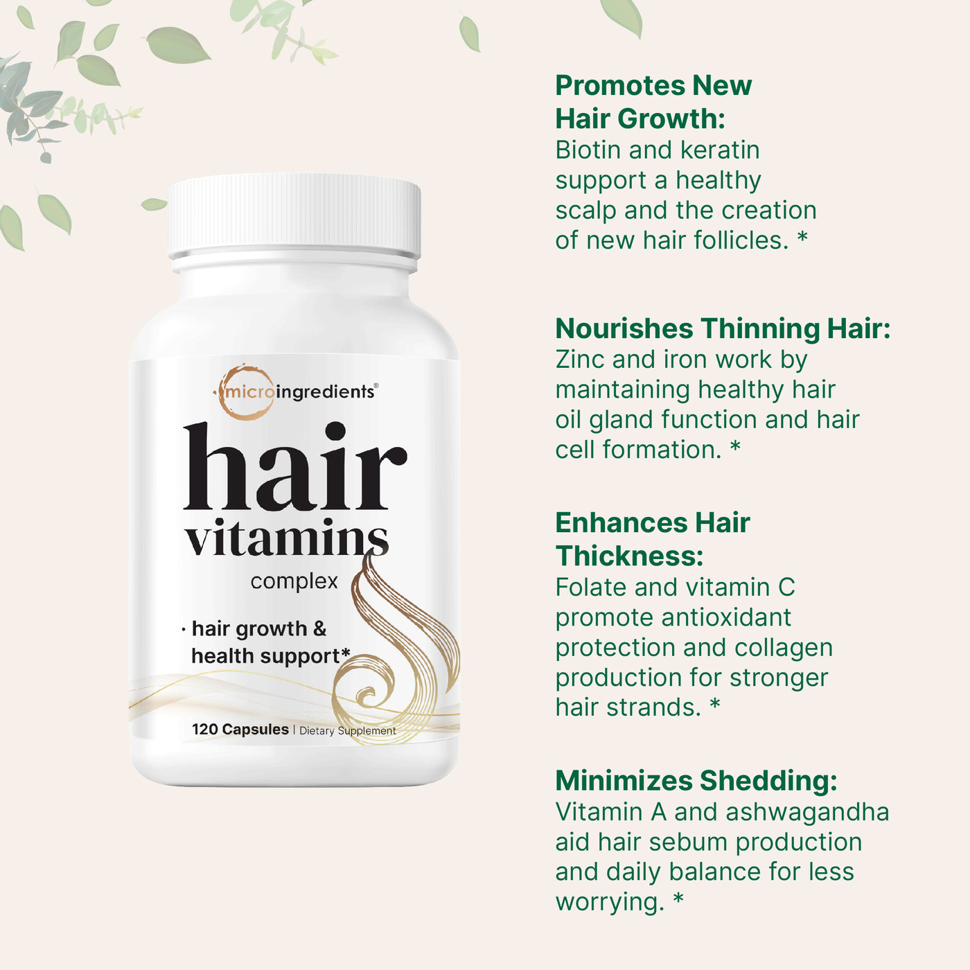 Micro Ingredients Hair Vitamins Complex, 120 / 240 Capsules