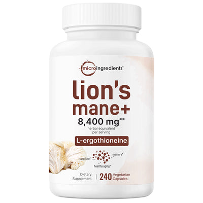 Micro Ingredients Lions Mane with L-Ergothioneine | 240 Vegan Capsules, 8,400 mg Herbal Equivalent,  Ultra Strength Lions Mane Supplement