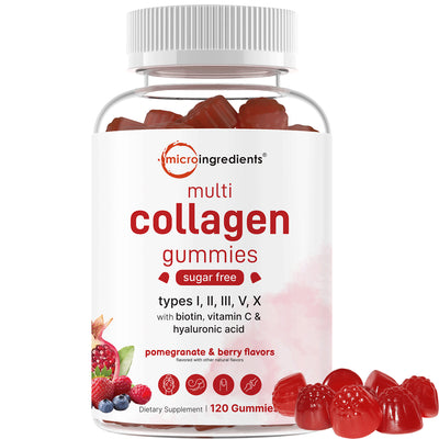 Micro Ingredients Multi Collagen Peptides Gummy, 120 Counts | Sugar Free, Natural Flavored - Hydrolyzed Collagen Peptides with Biotin, Hyaluronic Acid and Vitamin C