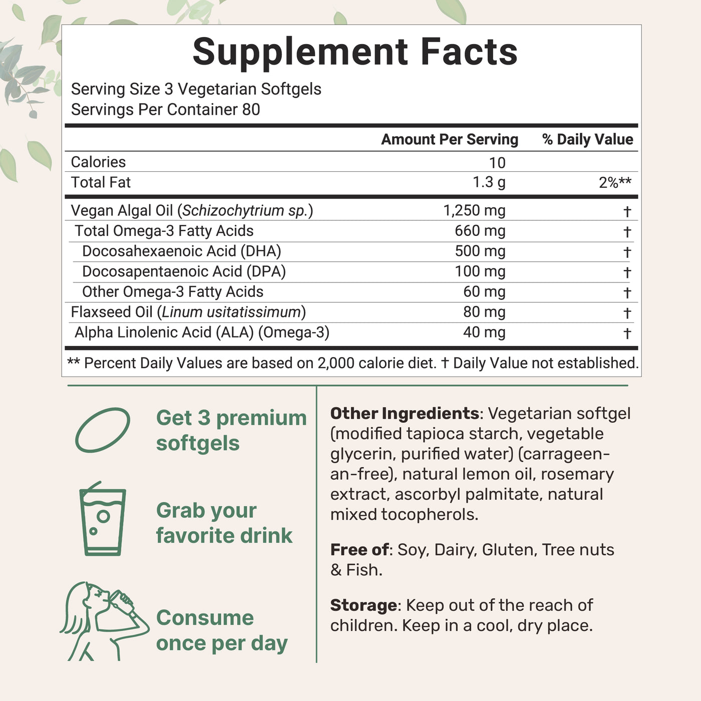 Micro Ingredients Vegan Omega 3 Algae Oil Supplement 1,250 mg Per Serving