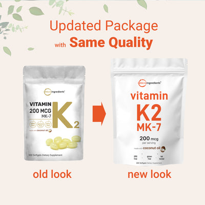 Micro Ingredients Vitamin K2 MK-7 Supplement, 200 mcg Per Serving, 300 Coconut Oil Softgles