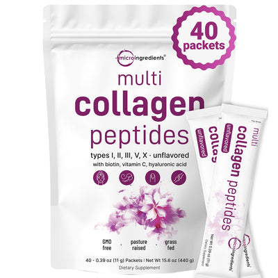 Micro Ingredients Multi Collagen Peptides Powder - Hydrolyzed Protein Peptides (Type I,II,III,V,X) with Hyaluronic Acid, Biotin & Vitamin C Unflavored