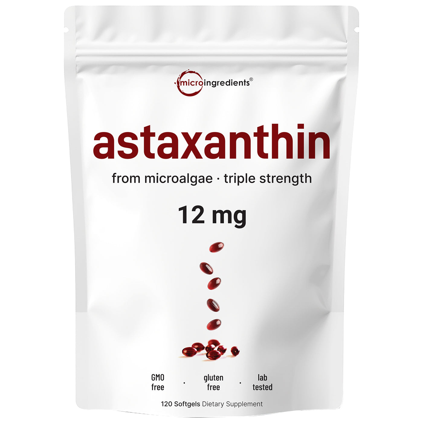 Micro Ingredients Astaxanthin 12mg, 120 softgels, tanning pills, Strength Carotenoids Skin Supplement w. 100% Natural Astaxanthin from MicroAlgae