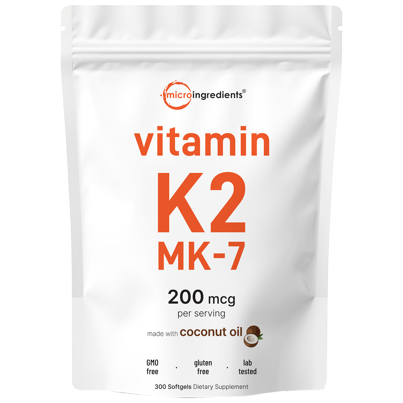 Micro Ingredients Vitamin K2 MK-7 Supplement, 200 mcg Per Serving, 300 Coconut Oil Softgles