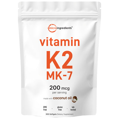 Micro Ingredients Vitamin K2 MK-7 Supplement, 200 mcg Per Serving, 300 Coconut Oil Softgles