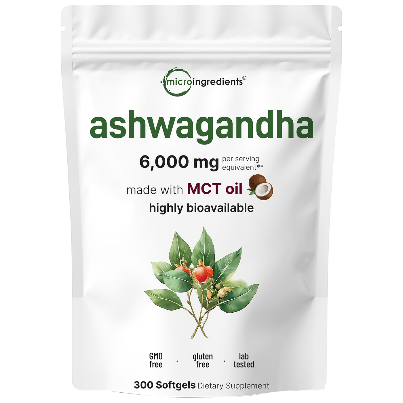 Micro Ingredients Ashwagandha Supplements 6,000mg Per Serving | 300 Coconut MCT Oil Softgels