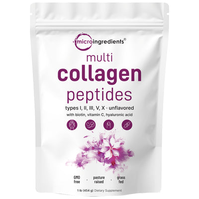 Micro Ingredients Multi Collagen Peptides Powder - Hydrolyzed Protein Peptides (Type I,II,III,V,X) with Hyaluronic Acid, Biotin & Vitamin C Unflavored