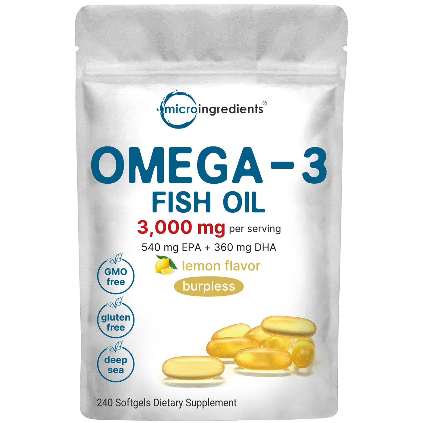 Micro Ingredients Omega 3 Fish Oil Supplements 3,000mg Per Serving, 240 Softgels