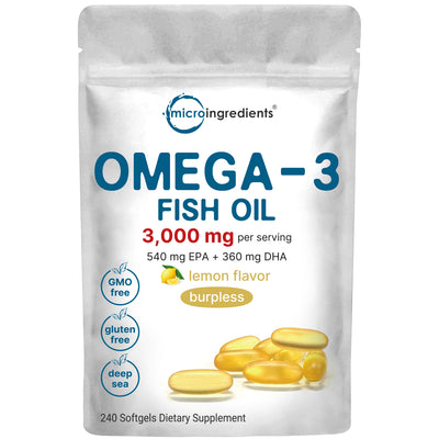 Micro Ingredients Omega 3 Fish Oil Supplements 3,000mg Per Serving, 240 Softgels