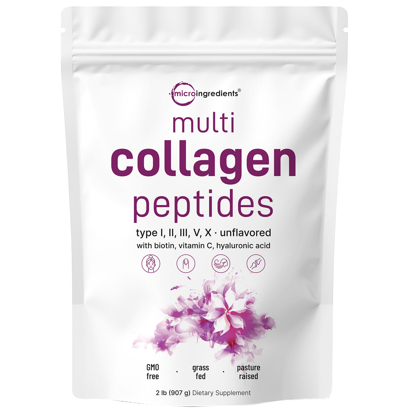 Micro Ingredients Multi Collagen Peptides Powder - Hydrolyzed Protein Peptides (Type I,II,III,V,X) with Hyaluronic Acid, Biotin & Vitamin C Unflavored